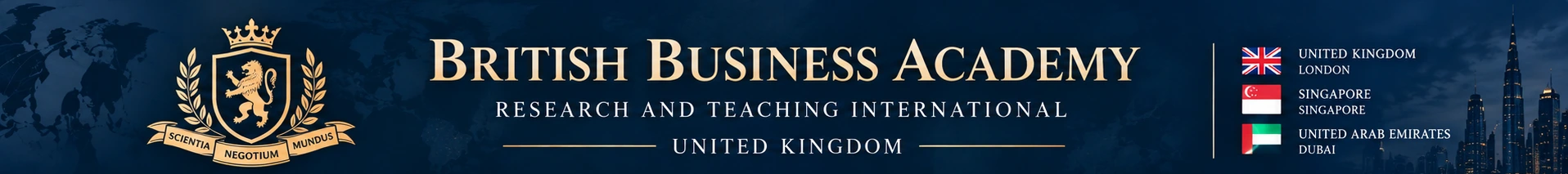 British Business Academy Research and Teaching International, United Kingdom — gold academy crest; United Kingdom, Singapore and United Arab Emirates