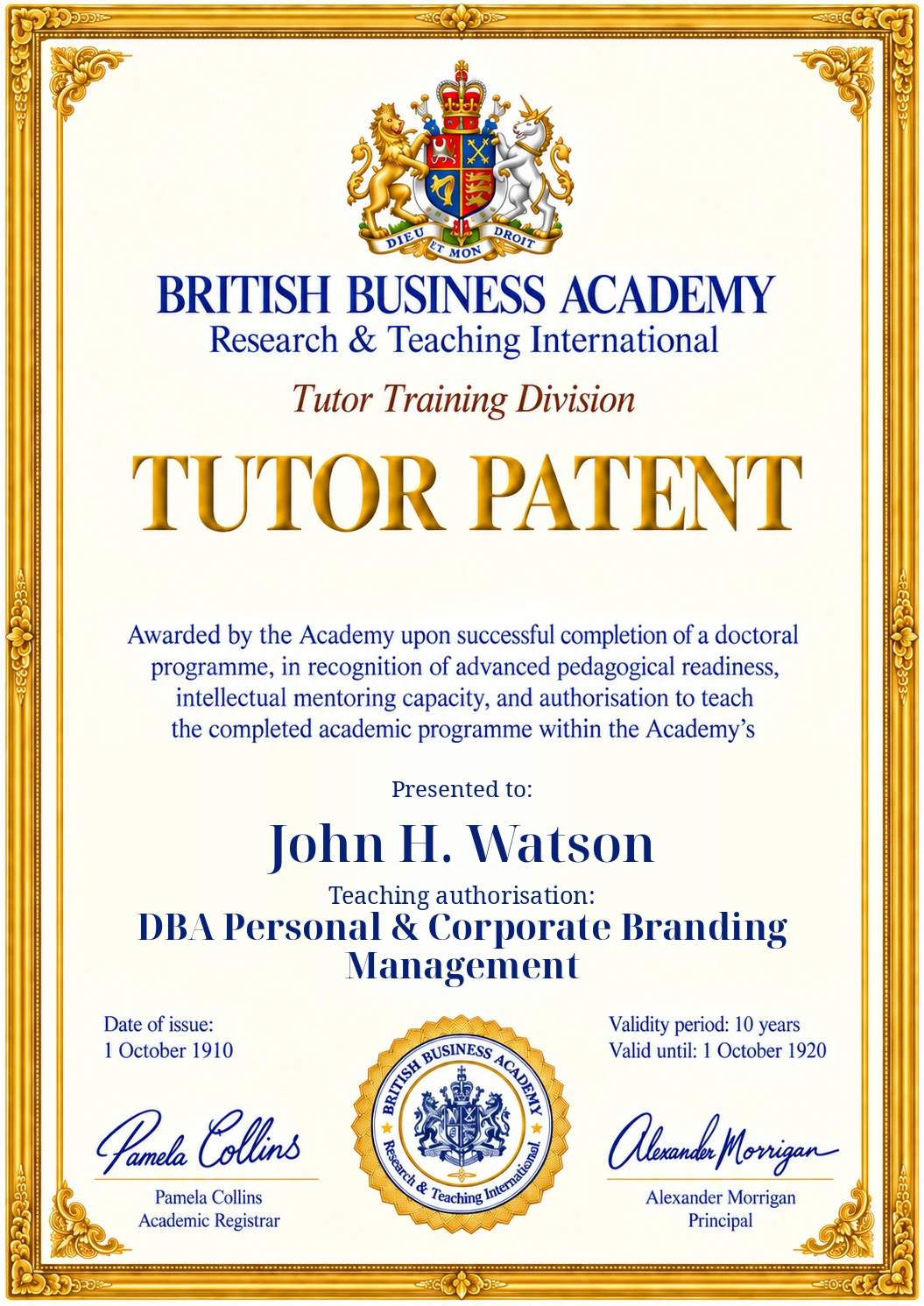 Tutor Patent design: John H. Watson, DBA Personal & Corporate Branding Management, 1910–1920