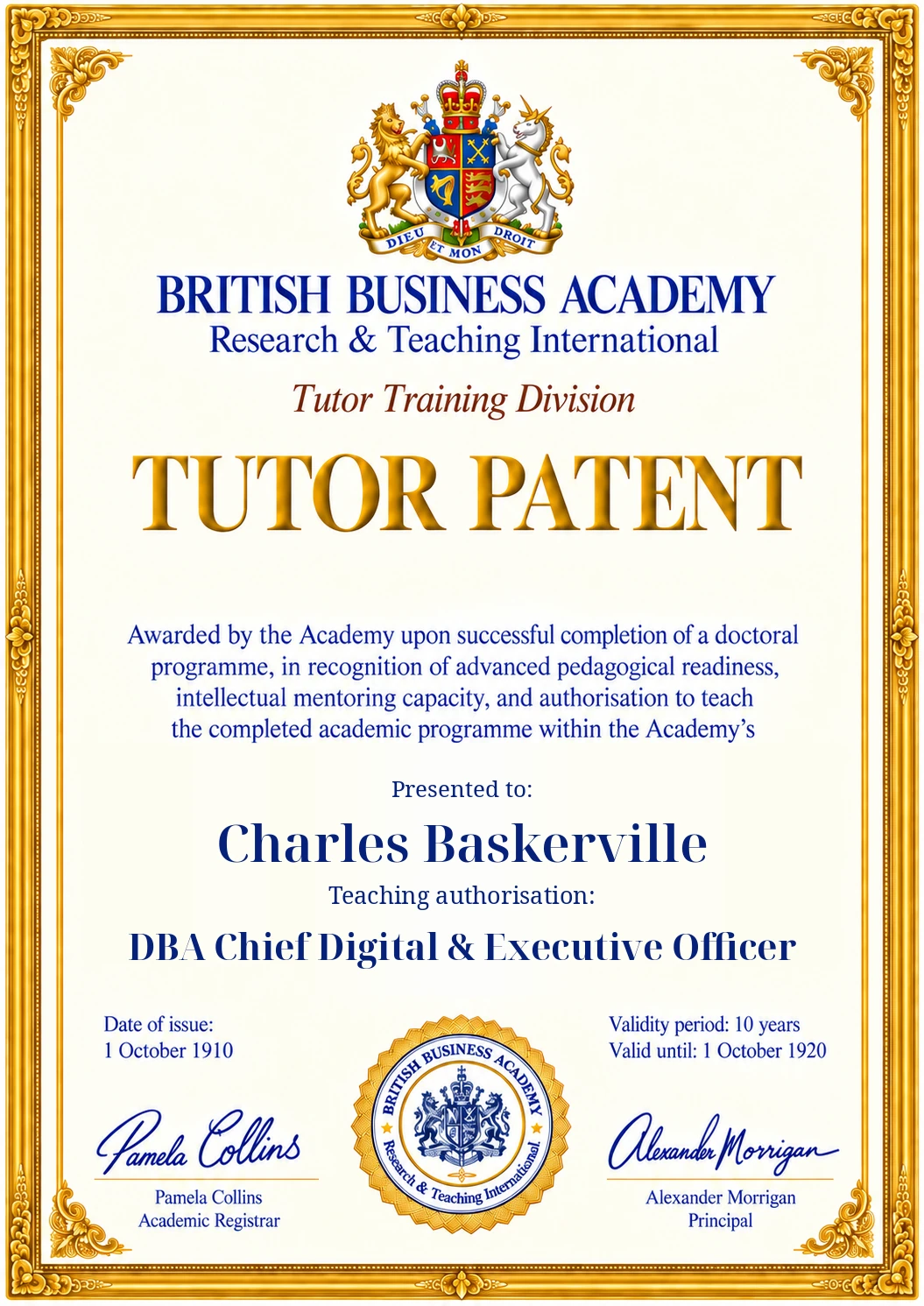 Tutor Patent design: Charles Baskerville, DBA Chief Digital & Executive Officer, 1910–1920