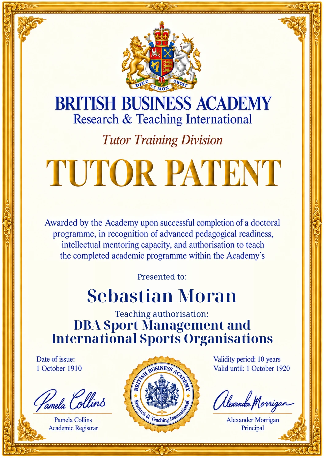 Tutor Patent design: Sebastian Moran, DBA Sport Management and International Sports Organisations, 1910–1920