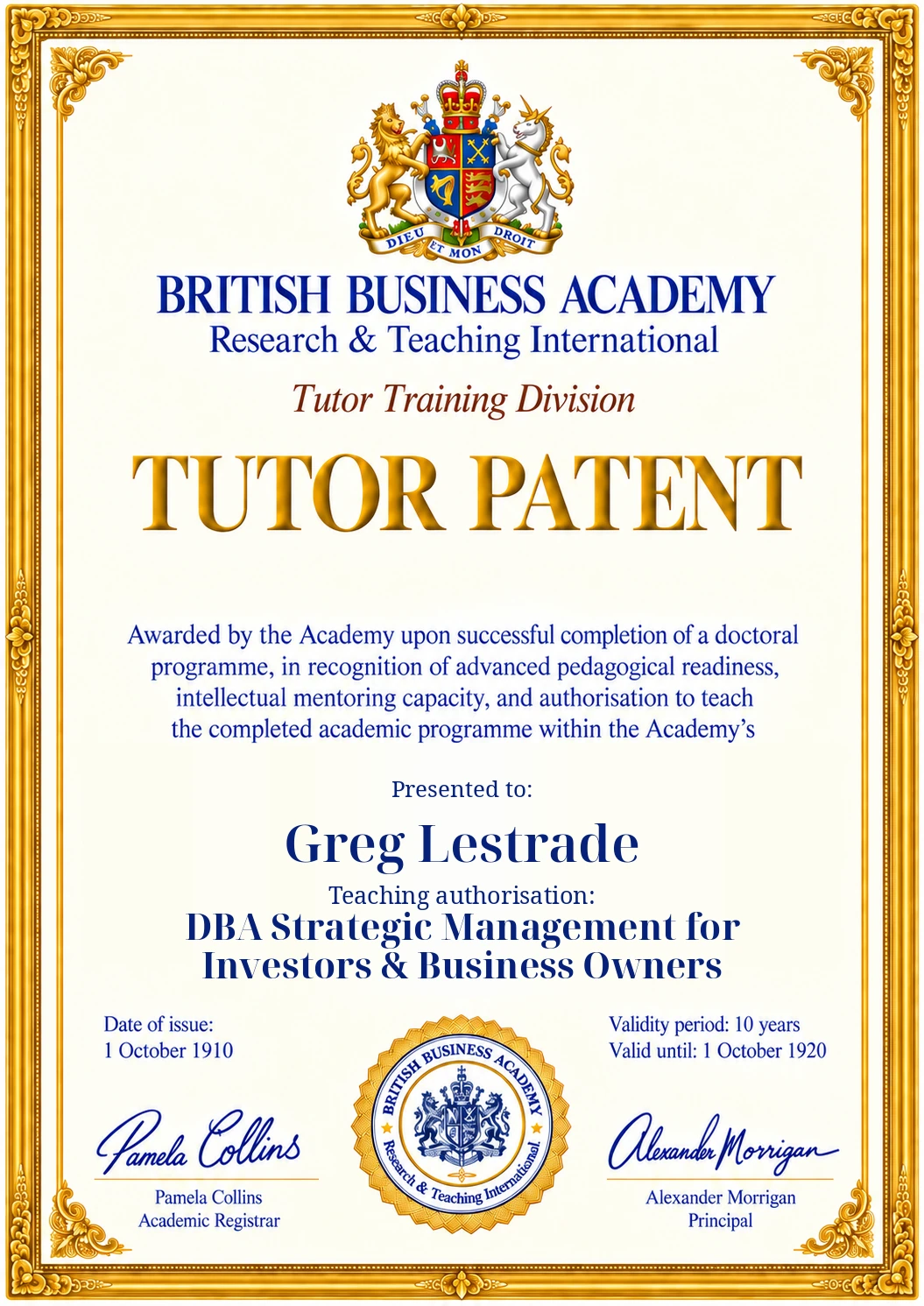 Tutor Patent design: Greg Lestrade, DBA Strategic Management for Investors & Business Owners, 1910–1920