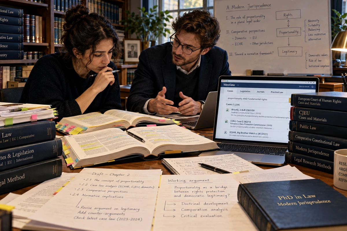 Editorial illustration of practical research activity associated with Contemporary Jurisprudence; illustrative scene